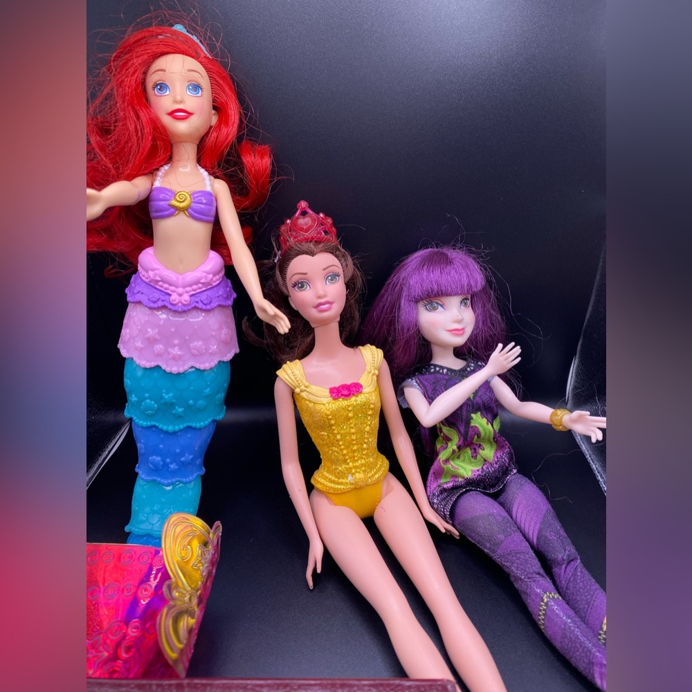Disney Fashion Doll Bundle Belle B&B-Ariel Little Mermaid-Descendants Mal-Doll